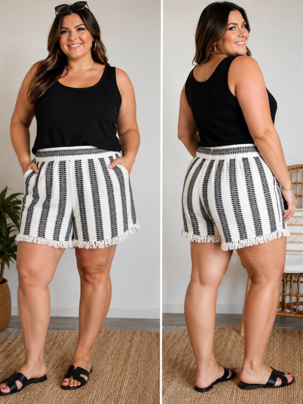 Lane Bryant Shorts 14/16 Black White Striped Fringe Hem Elastic Waist Boho NWOT